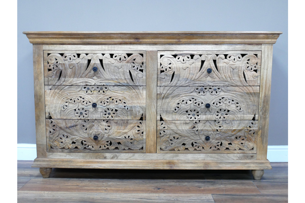 Mango Wood Carved 6 Drawer Chest Of Drawers