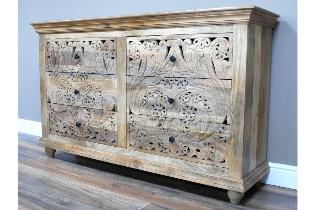 Mango Wood Carved 6 Drawer Chest Of Drawers side view