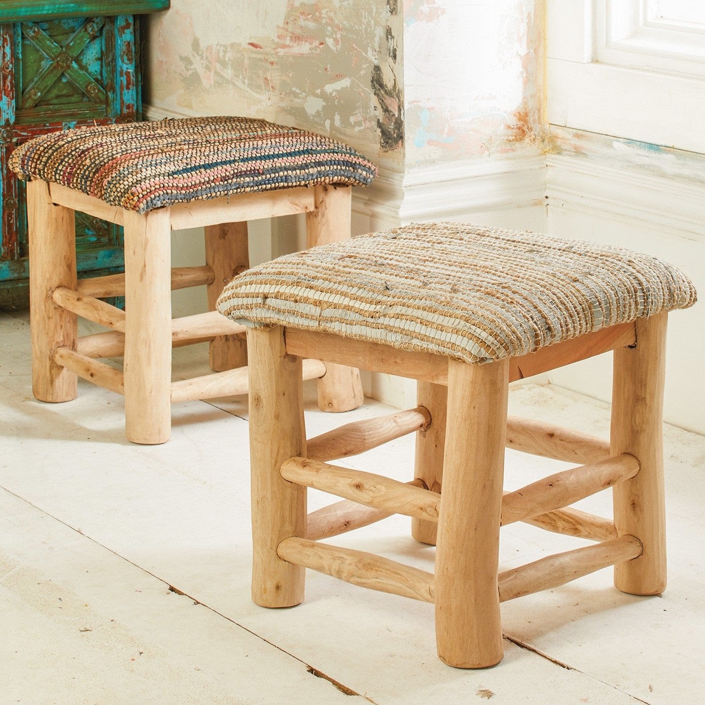Mango Wood Stool With Hemp & Leather Seat - STOOL30 - Uneeka
