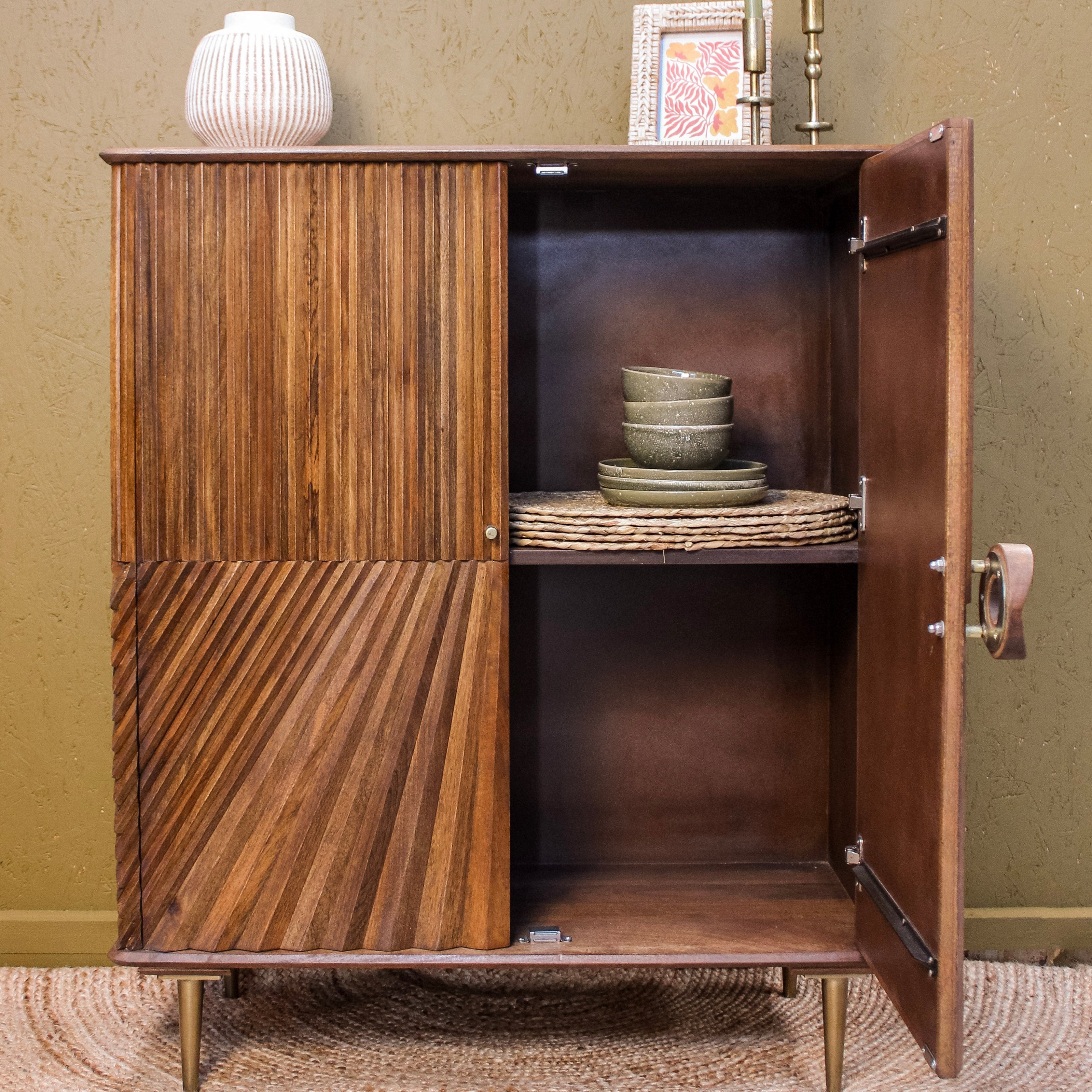 Mango Wood Carved Line Two Door Cabinet Uneeka