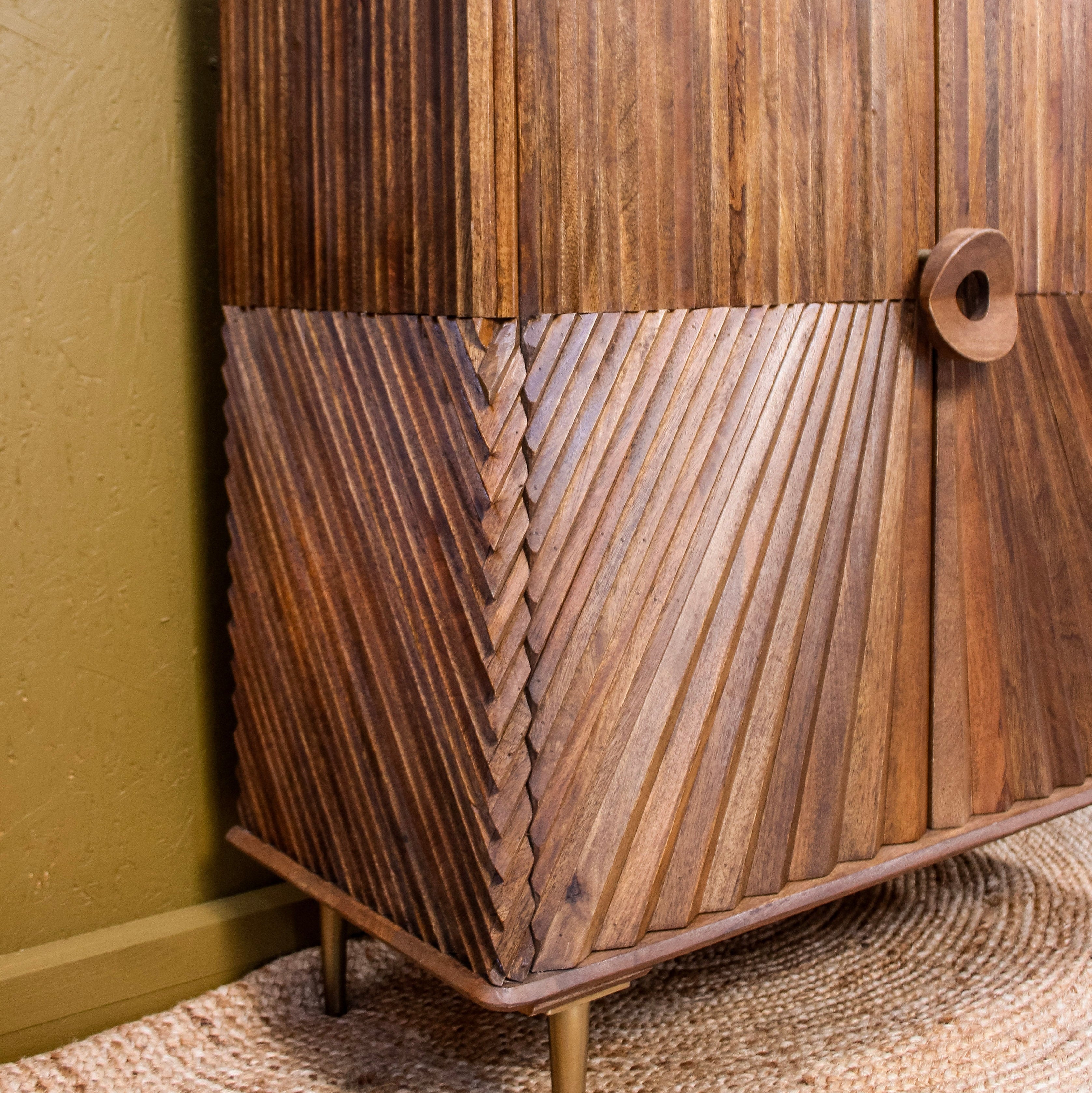 Mango Wood Carved Line Two Door Cabinet Uneeka closeup