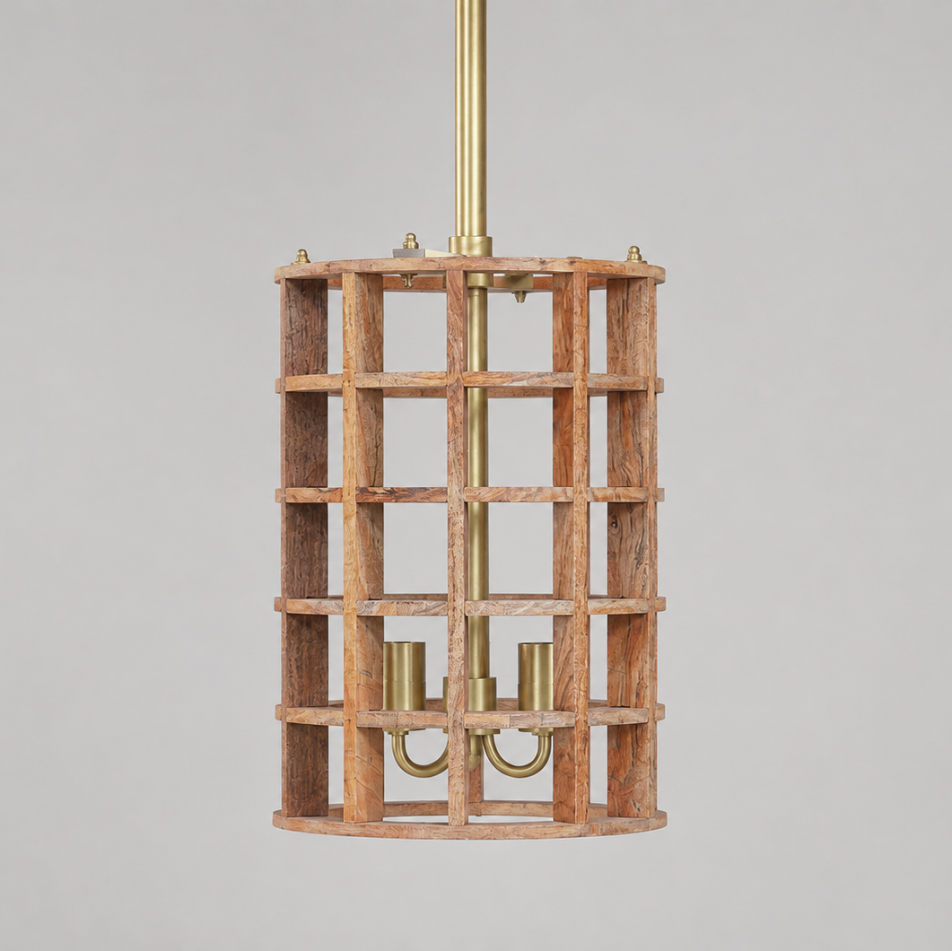 Mango Wood Cube Grid Pendant - Large - Uneeka