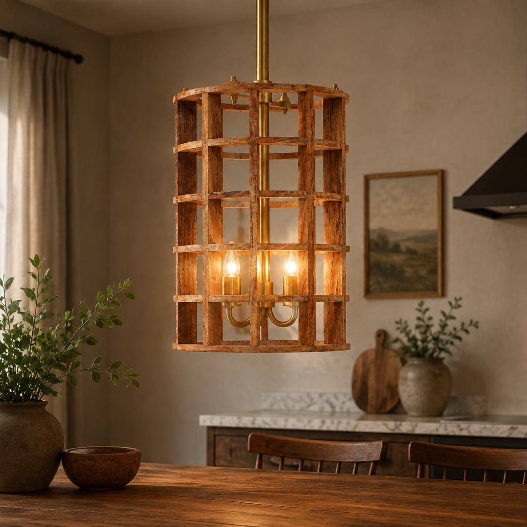 Mango Wood Cube Grid Pendant - Large - Uneeka