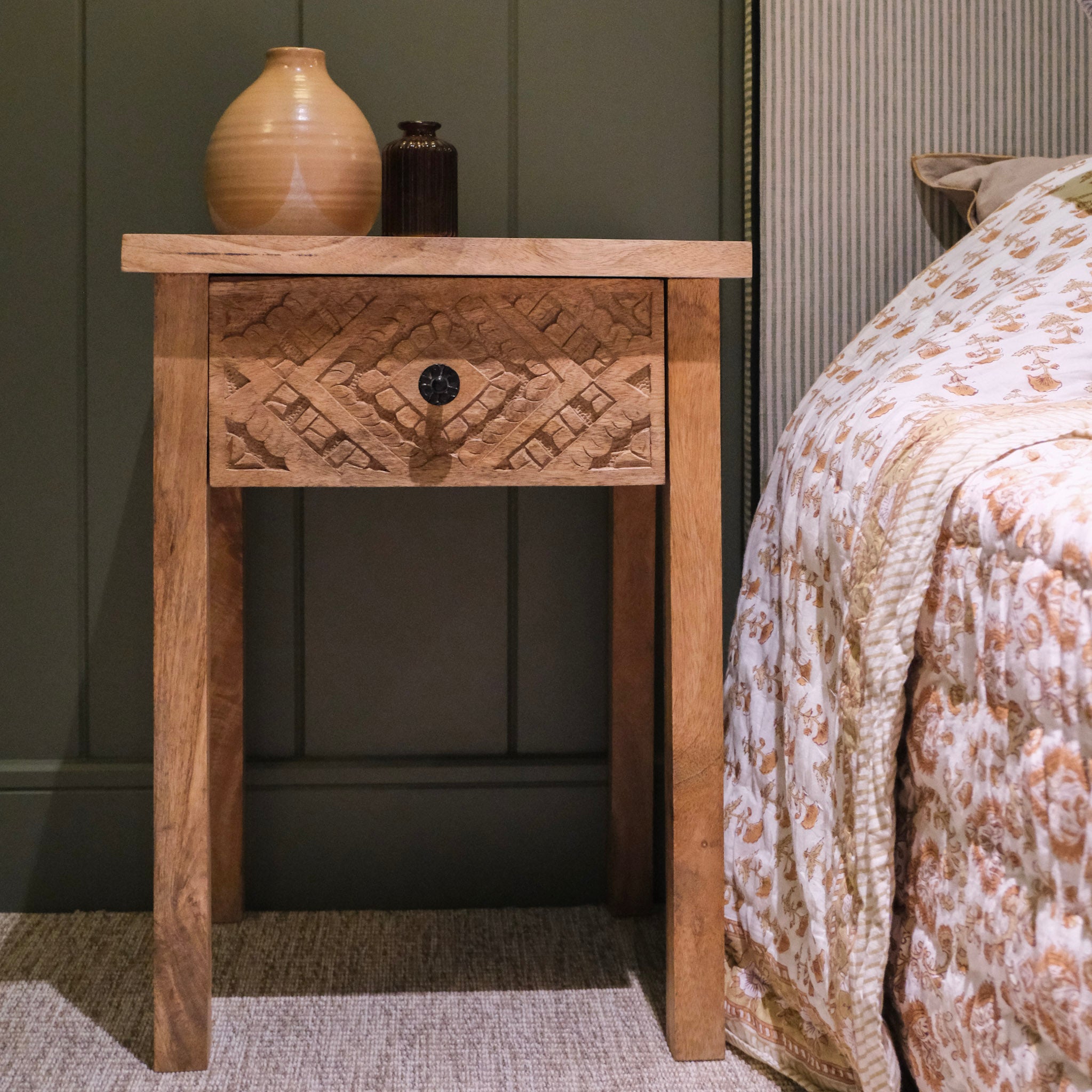 Mango Wood One Drawer Carved Bedside Table - 12004 - Uneeka