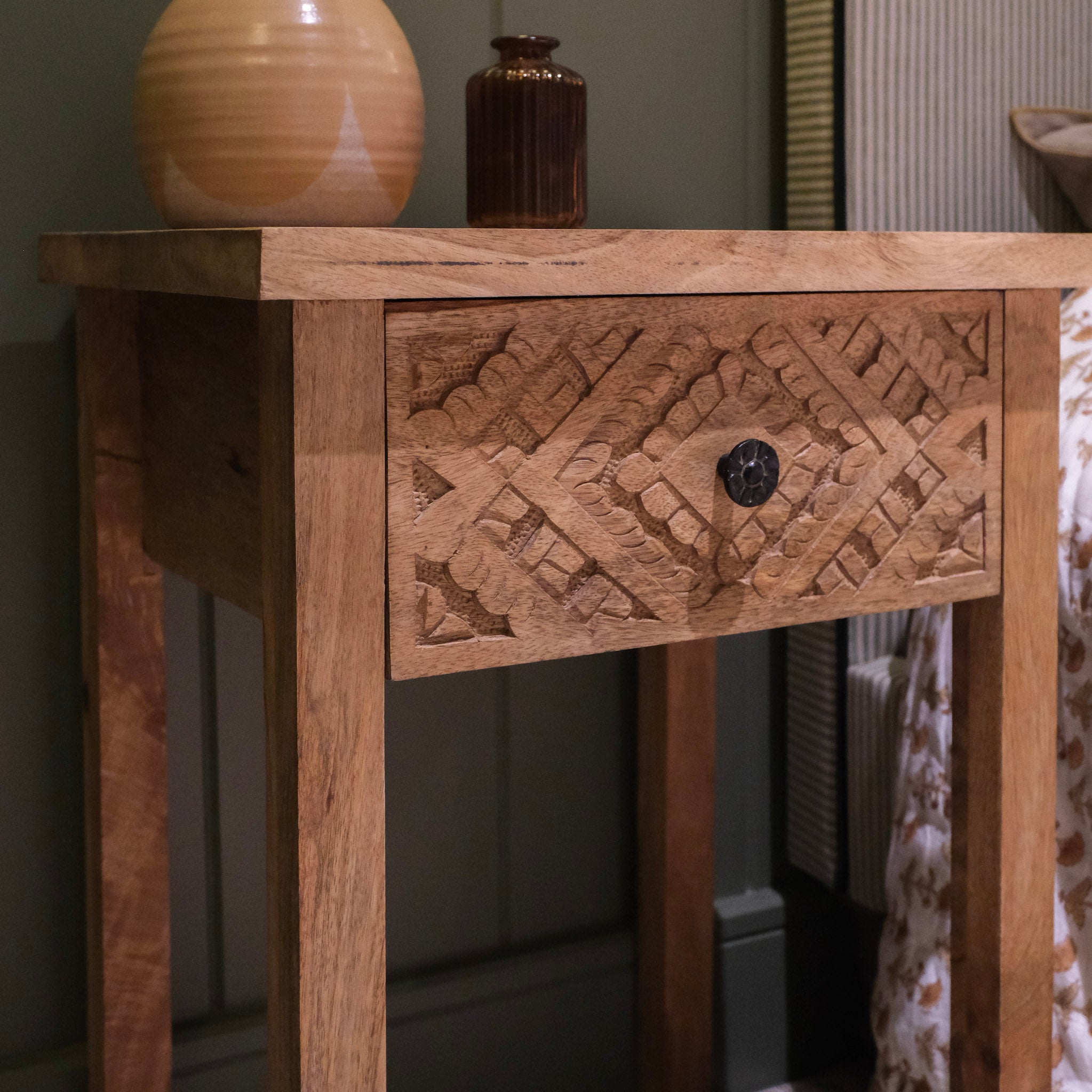 Mango Wood One Drawer Carved Bedside Table - 12004 - Uneeka