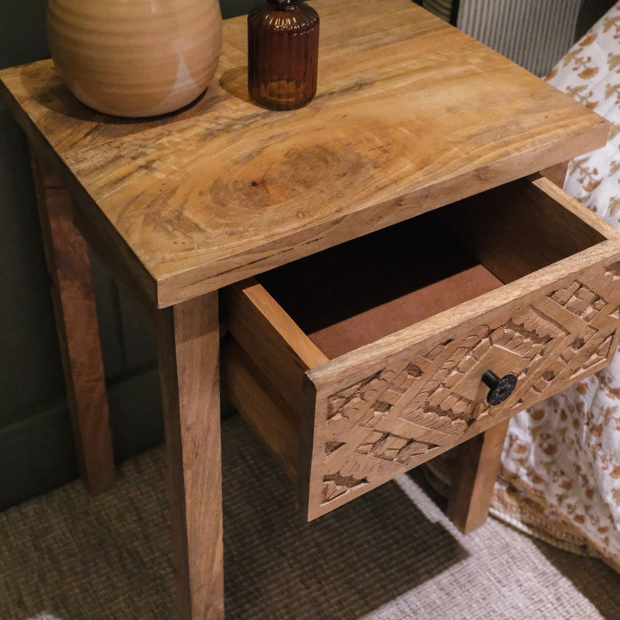 Mango Wood One Drawer Carved Bedside Table - 12004 - Uneeka