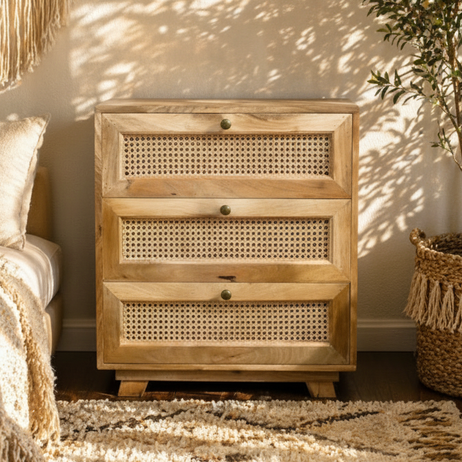 Mango Wood & Rattan Three Drawer Bedside Cabinet - 9763 - Uneeka