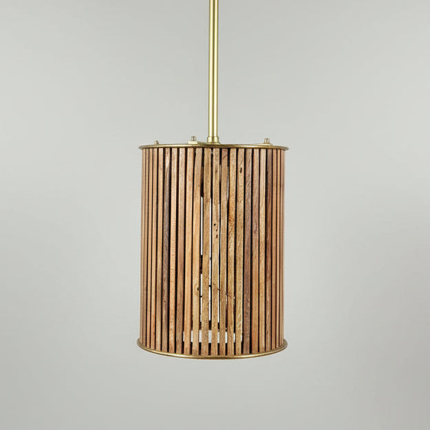 Mango Wood Slat Pendant with Brass Detailing - 2500B - Uneeka