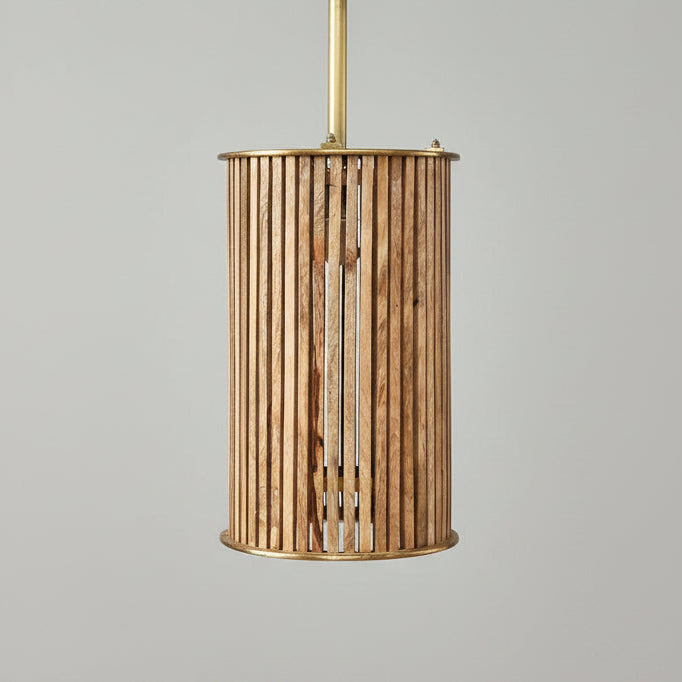 Mango Wood Slat Pendant with Brass Detailing - 2500C - Uneeka