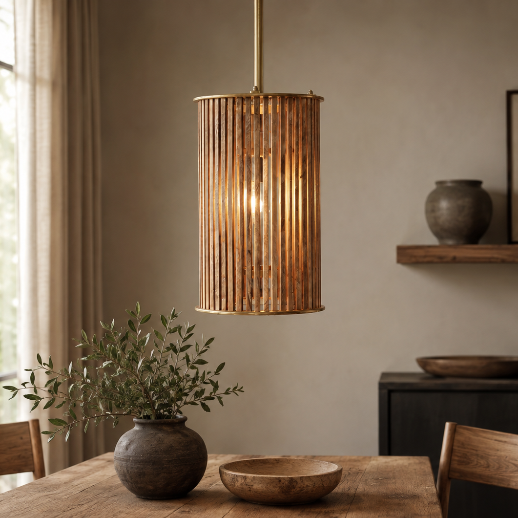 Mango Wood Slat Pendant with Brass Detailing - 2500C - Uneeka