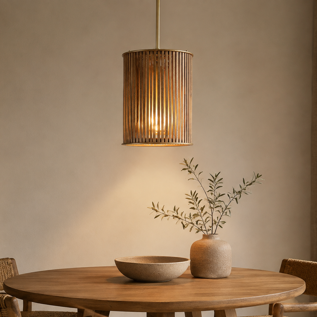 Mango Wood Slat Pendant with Brass Detailing - 2500B - Uneeka
