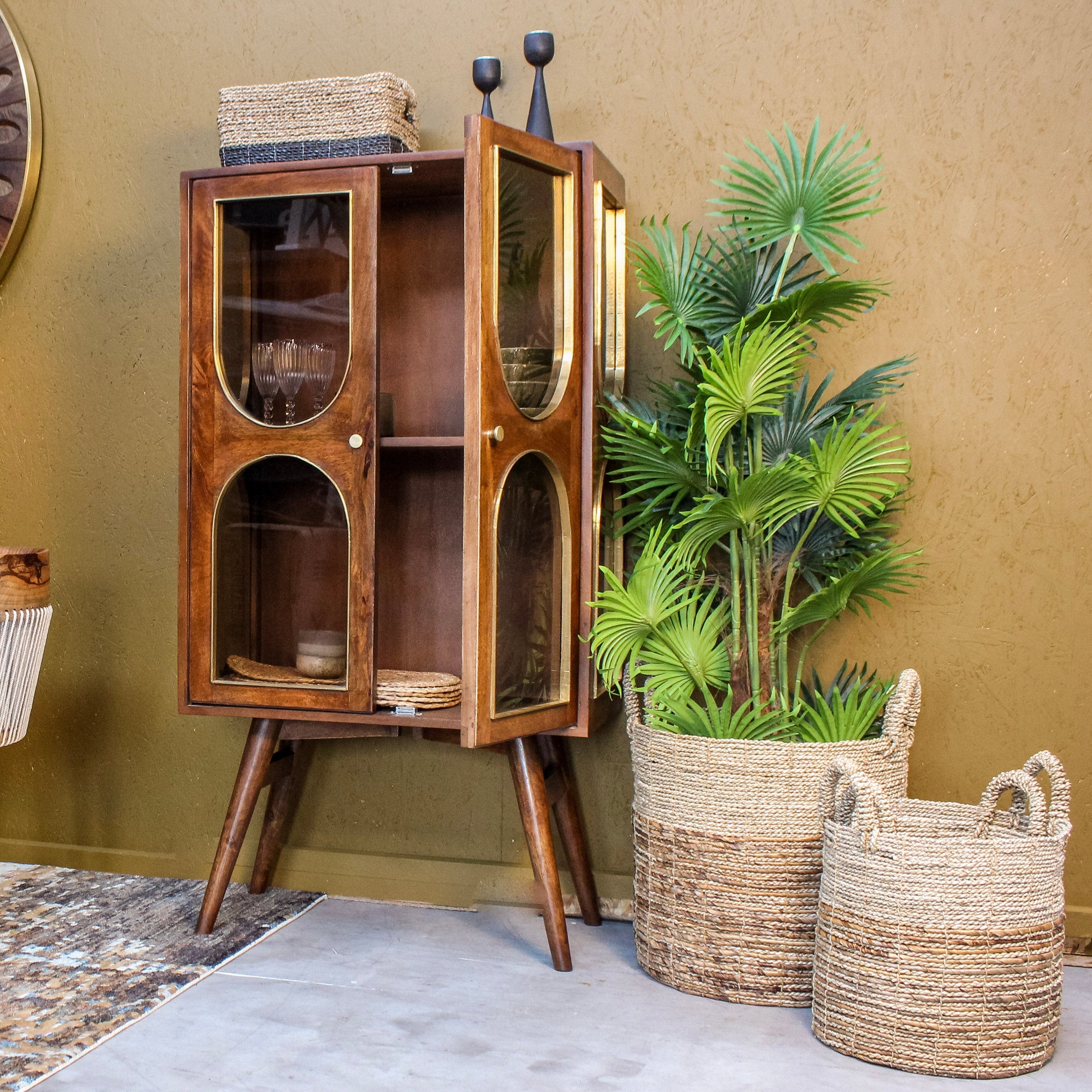 Mango Wood Two Door Glass Cabinet Uneeka Home