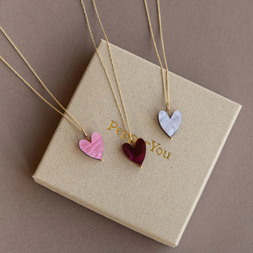 Marble Colourful Heart Gold Necklace - Red, Pink or Lilac Purple variants - FSC certified wood - sustainable jewellery - Uneeka