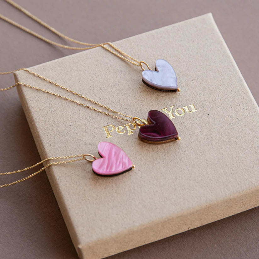 Marble Colourful Heart Gold Necklace - Red, Pink or Lilac Purple variants - FSC certified wood - sustainable jewellery - Uneeka