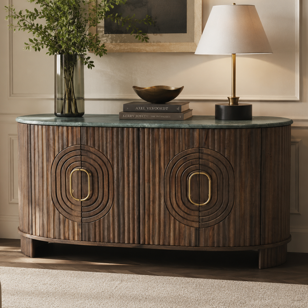 Marble Top Fluted Mango Wood Sideboard - 2853Q - Uneeka