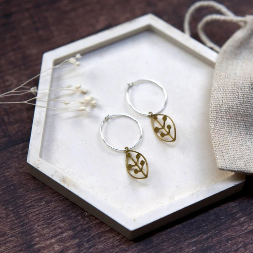Medium Brass Assorted Shape Hoop Earrings - MB Branch Leaf - Uneeka