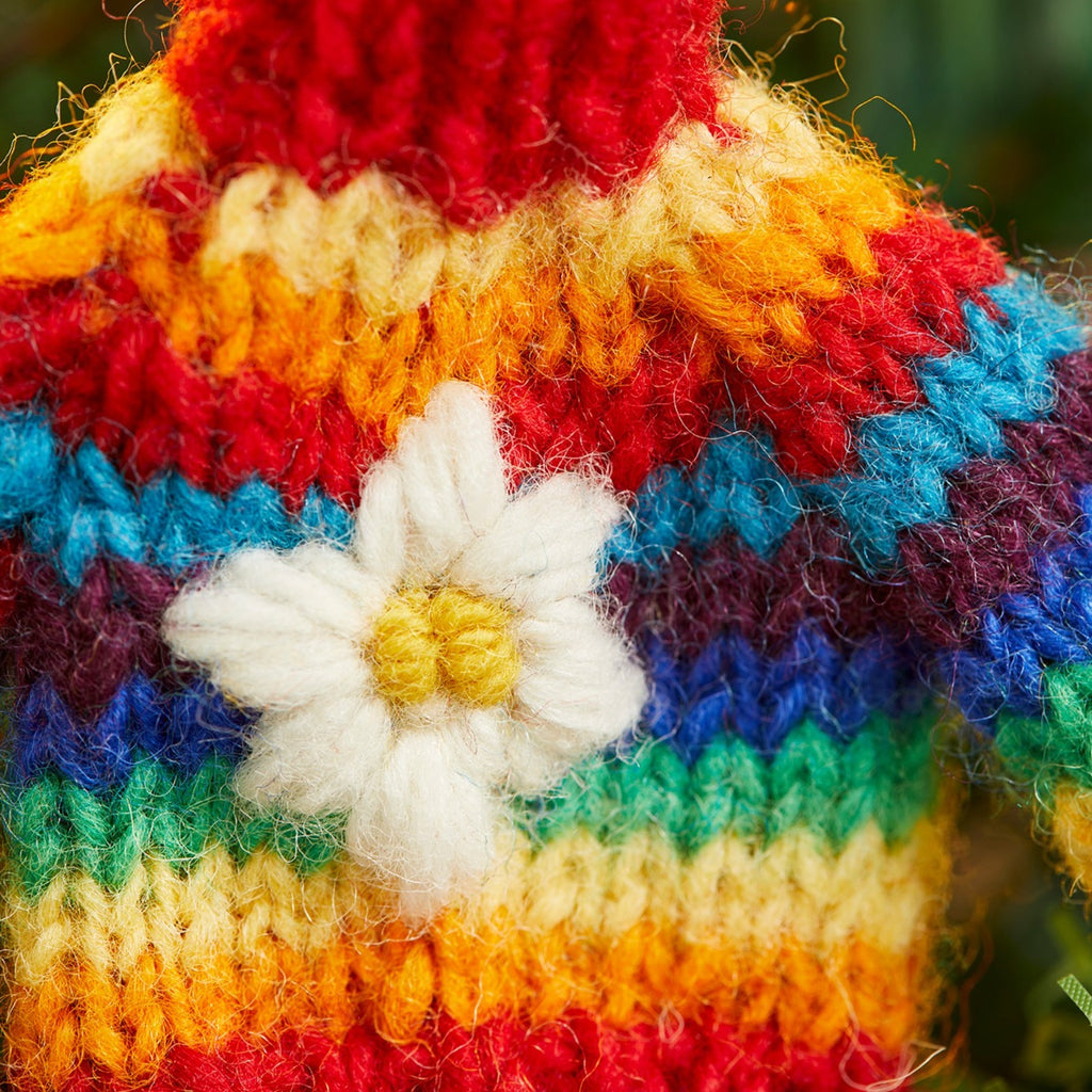 Mini Rainbow Knitted Wool Jumper Hanging Decoration close up with snowflake detail