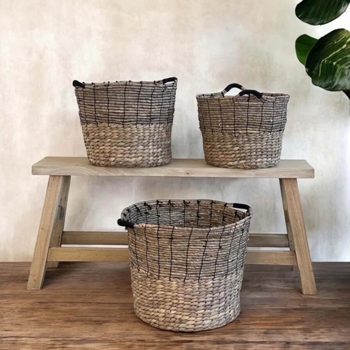 Mixed Weave Black Handle Basket - 3 sizes, sold individually - Uneeka