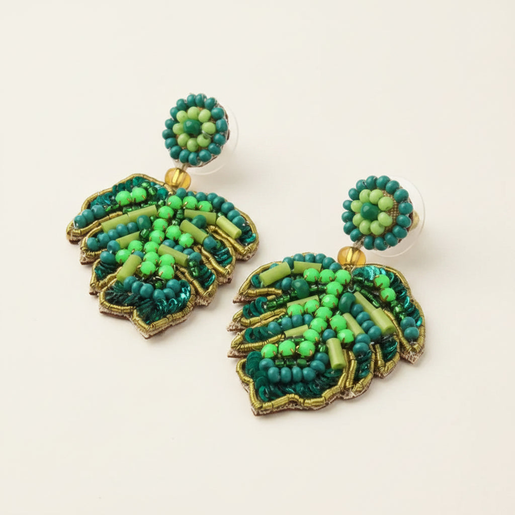 Monstera Leaf Beaded Drop Earrings - EAR1039 - Uneeka