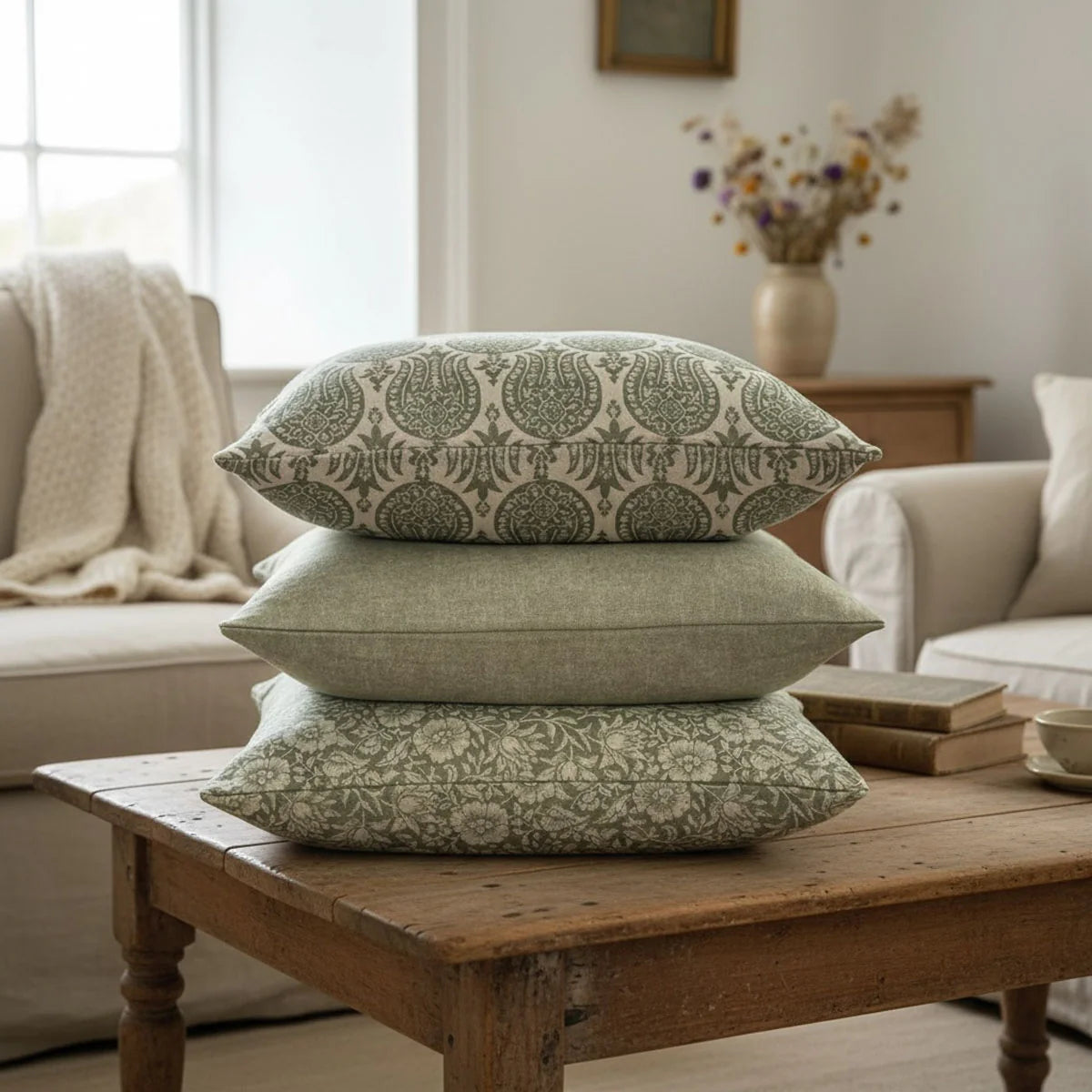 Moss Green Cotton Linen Cushion - Plain Light Moss green - Uneeka