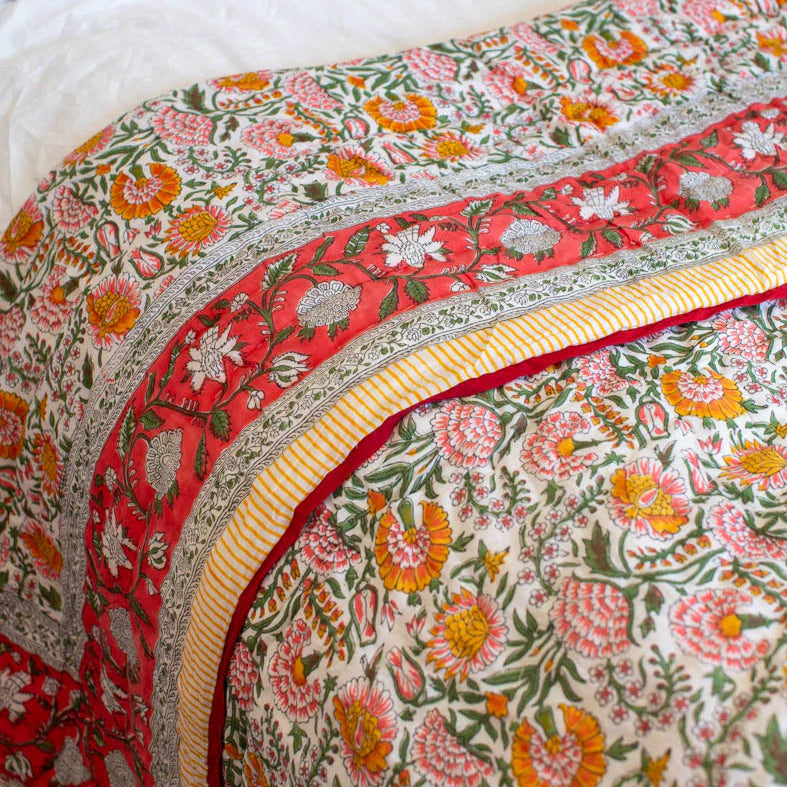 Muhana Block Printed Floral Indian Quilt - SMS020/DQ - Uneeka