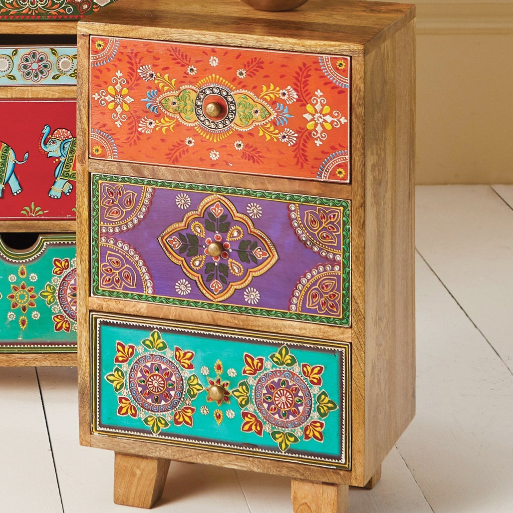 Multi Colour 3 Drawer Hand Painted Bedside Cabinet