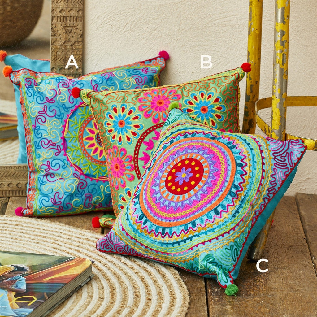 Multi Colour Bright Hand Embroidered Cushion style a, b or c