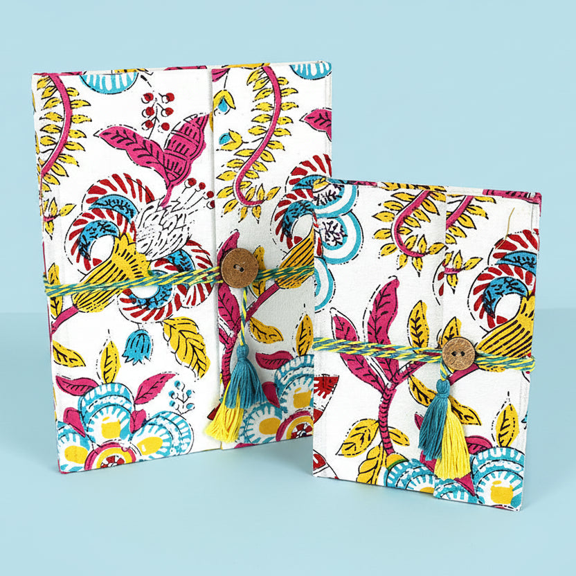 White / Multi Coloured Block Print Cotton Bound Notebook - 85010 - Uneeka