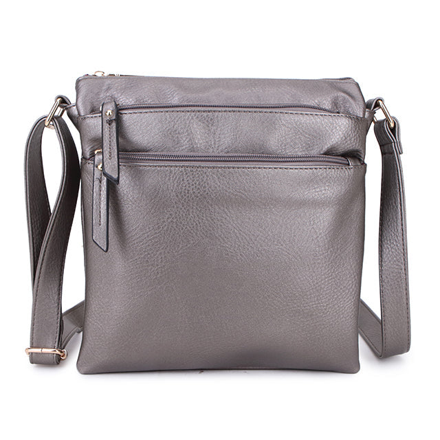 Multiple Zipped Compartment Faux Leather Shoulder Bag - a1638 - Metallic Grey - Uneeka