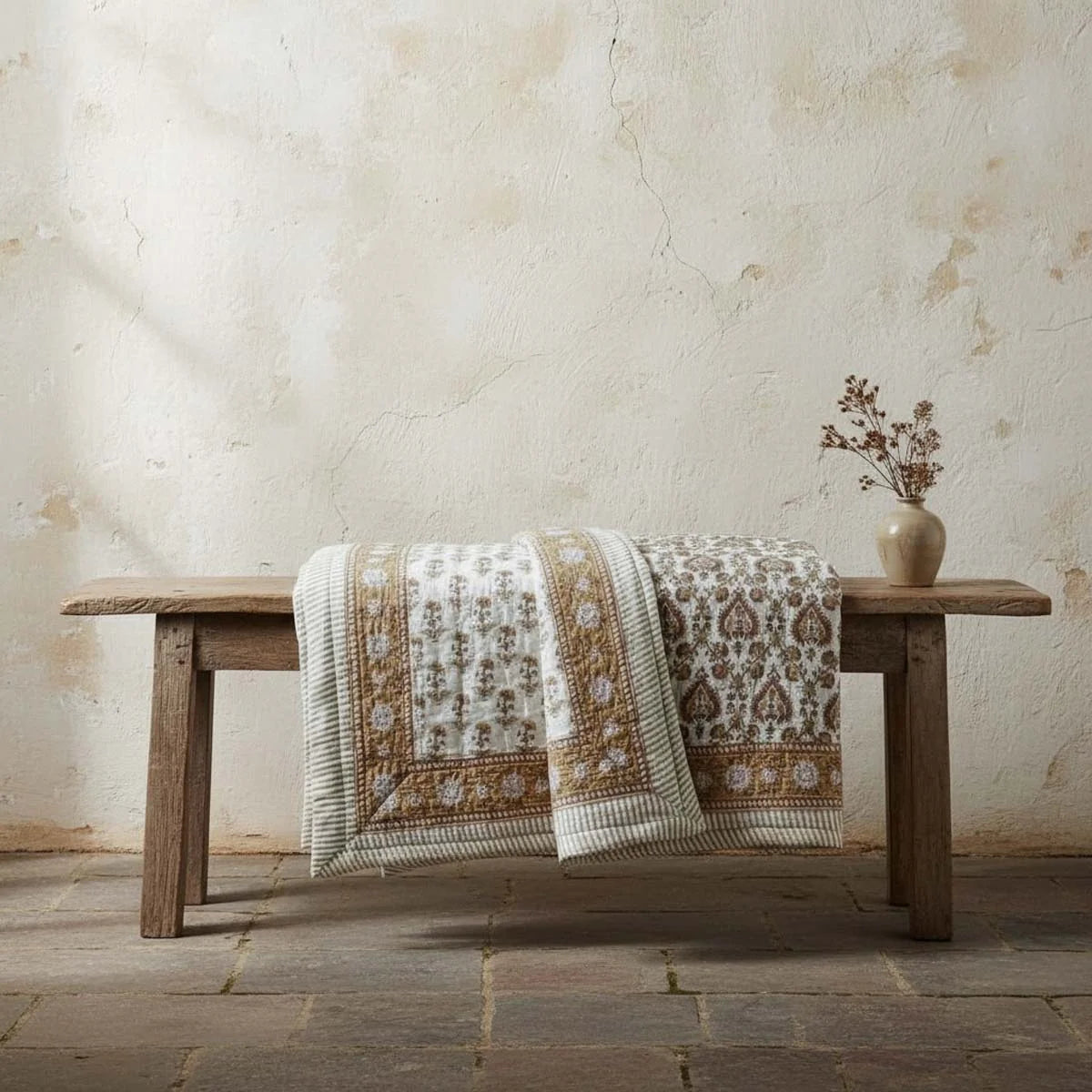 Mundota Floral Print Bedspread - Ochre Yellow - Uneeka