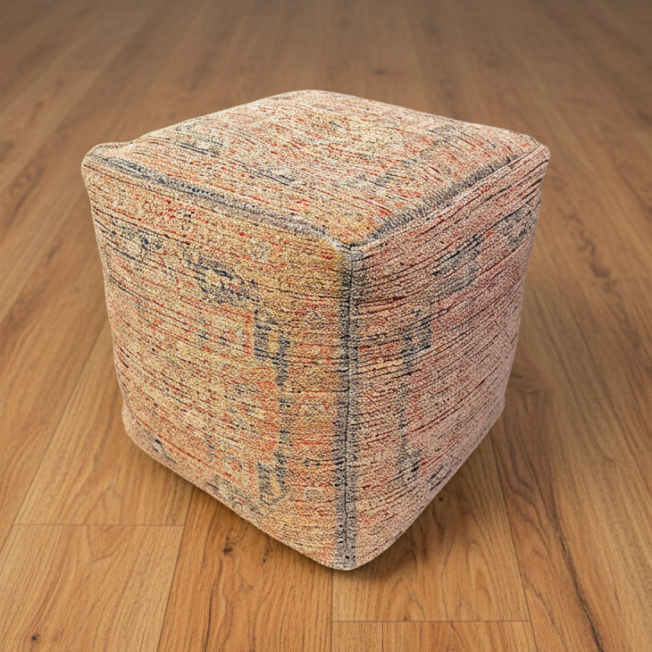 Muted Orange & Blue Printed Pattern Pouffe - 3220POUFFE - Uneeka