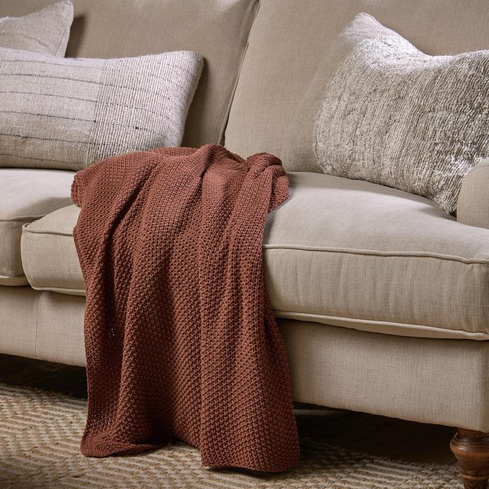 Nkuku Large Nahan Moss Stitch Cotton Throw - Rust - Uneeka