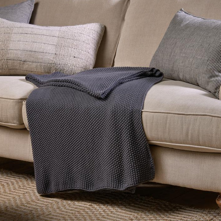 Nkuku Large Nahan Moss Stitch Cotton Throw - Charcoal - Uneeka