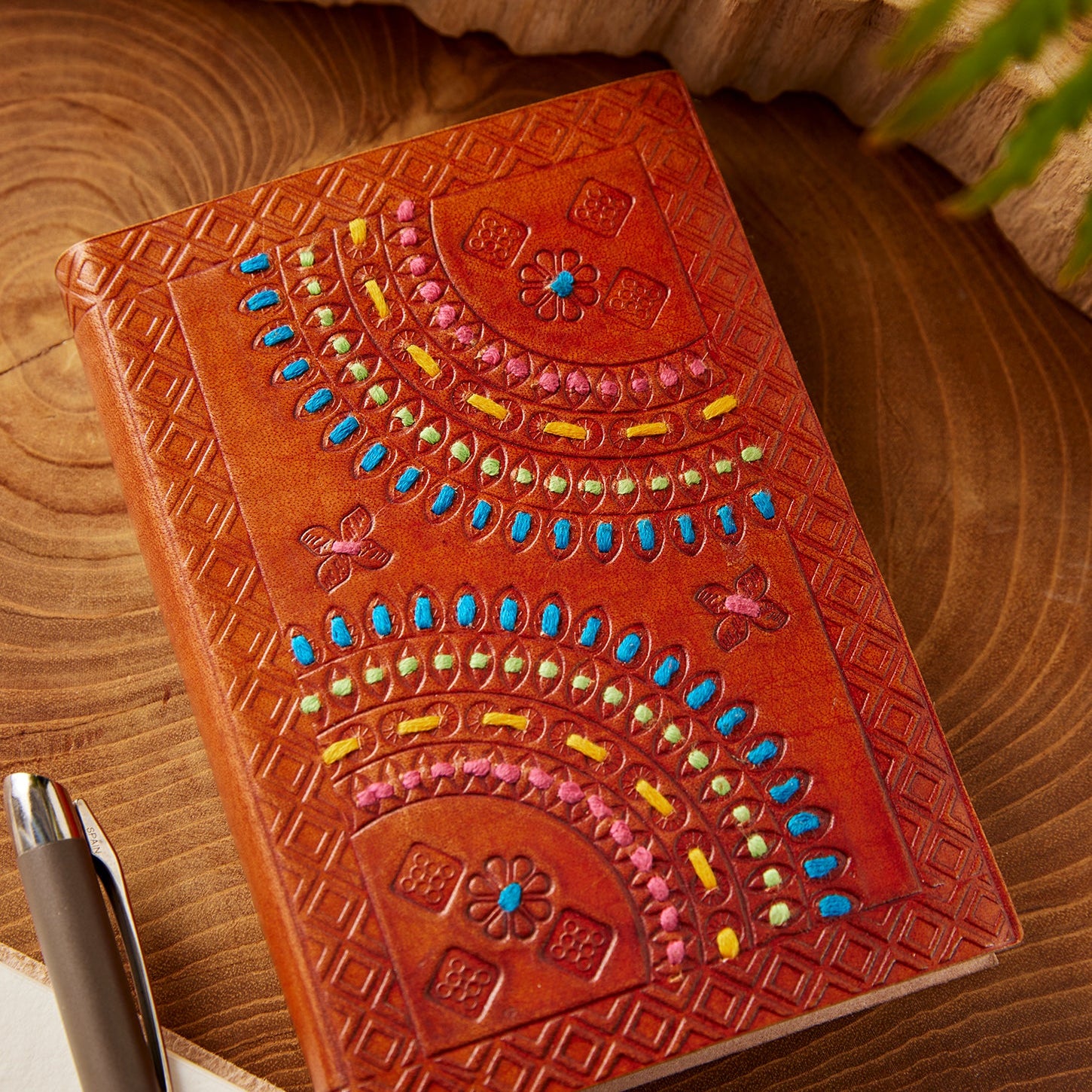 Small Embroidered & Embossed Leather Notebook - NB3 - Uneeka