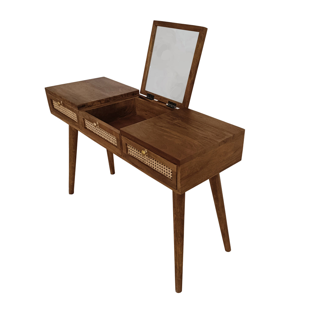 Natural Finish & Rattan Scandinavian Style Dressing Table open angled view