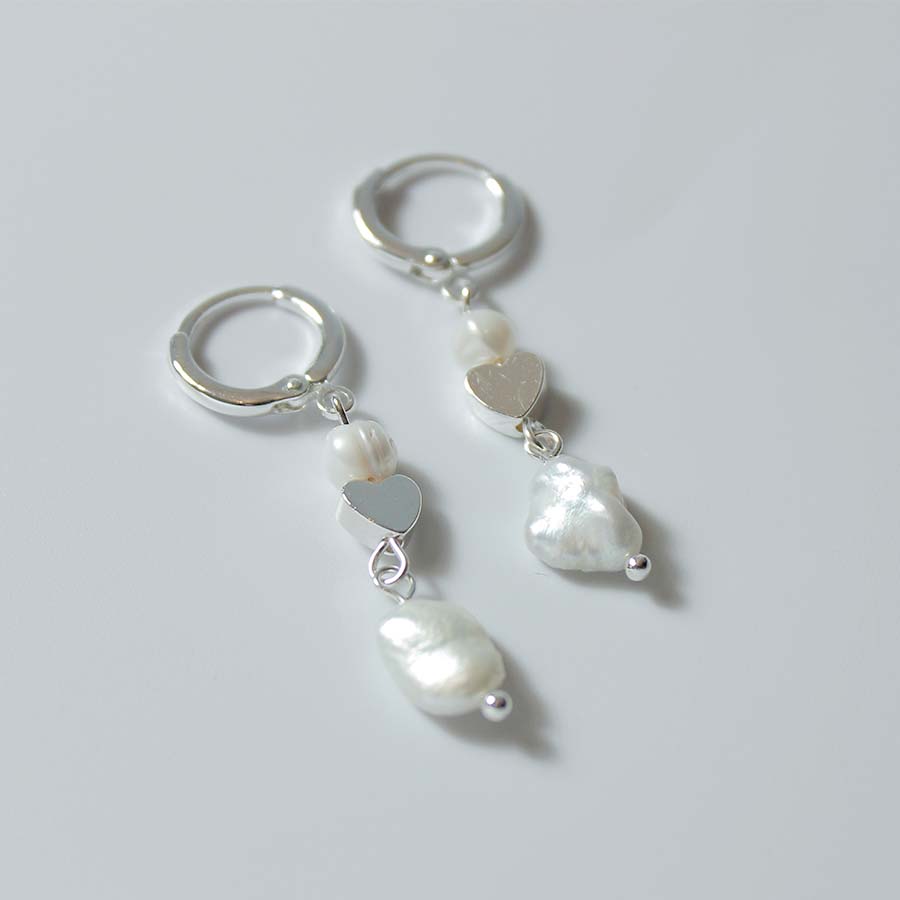 Natural Pearl & Heart Drop Earrings Silver
