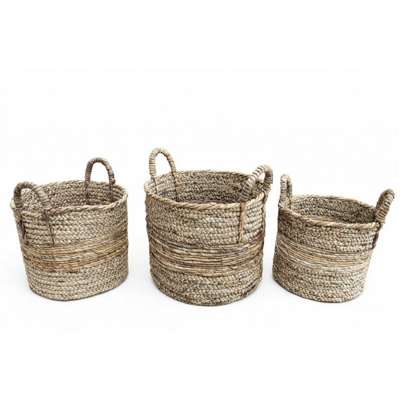 Natural Banana Fibre & Raffia Stripe Basket - P1047 - Uneeka
