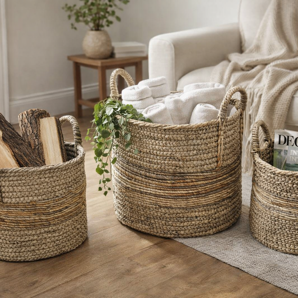 Natural Banana Fibre & Raffia Stripe Basket - P1047 - Uneeka