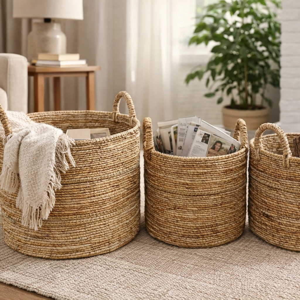 Natural Banana Fibre Twist Basket - P1020 - Uneeka