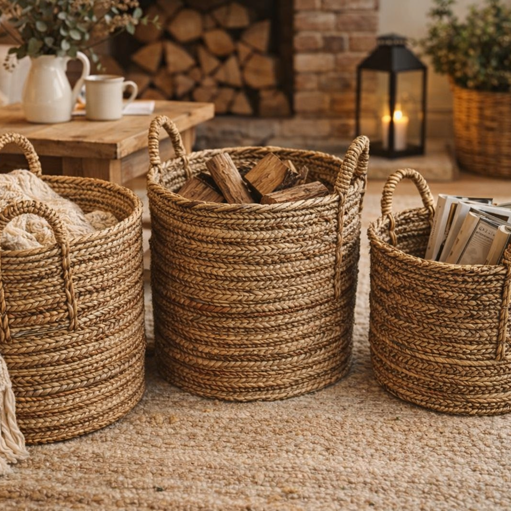 Natural Braided Banana Fibre Basket - P1046 - Uneeka