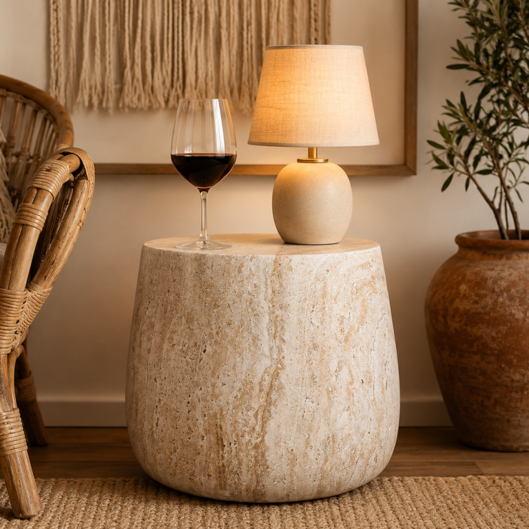 Natural Stone Effect Drum Side Table - 12177 - Uneeka