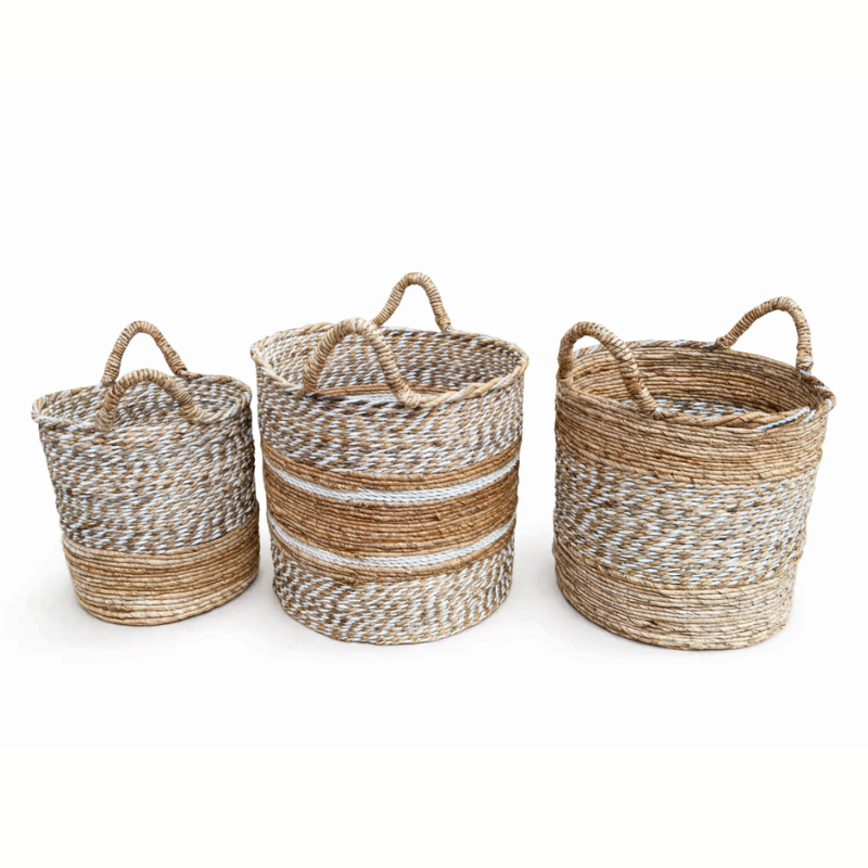 Natural & White Banana Fibre Twist Basket - P1003 - Uneeka