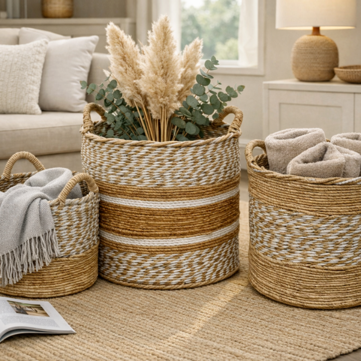 Natural & White Banana Fibre Twist Basket - P1003 - Uneeka