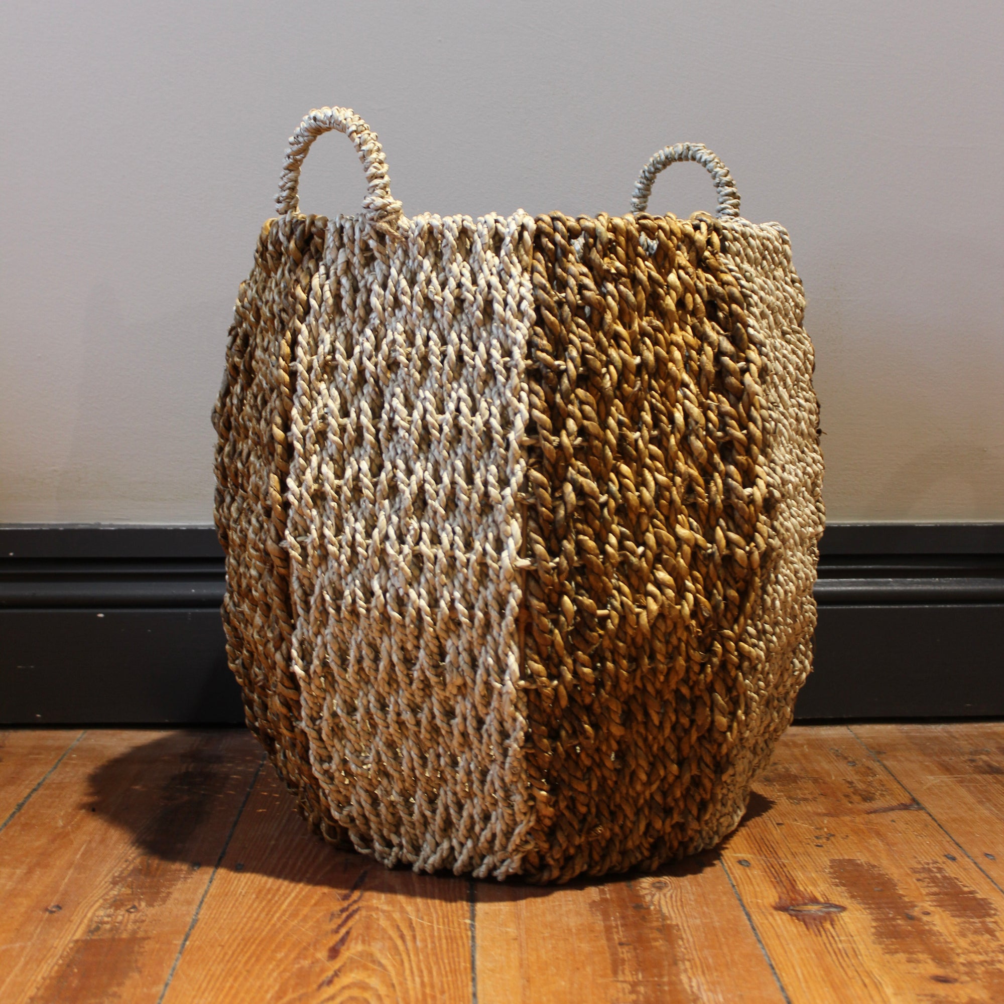 Natural & White Striped Seagrass Basket - P1106 - Uneeka