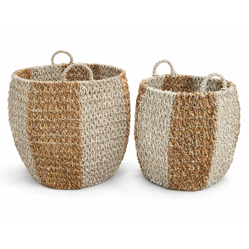 Natural & White Striped Seagrass Basket - P1106 - Uneeka