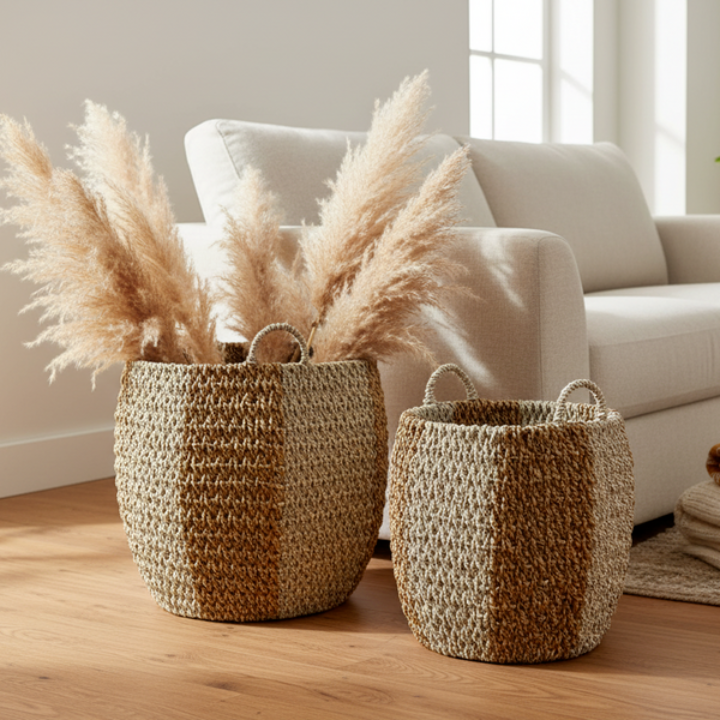 Natural & White Striped Seagrass Basket - P1106 - Uneeka
