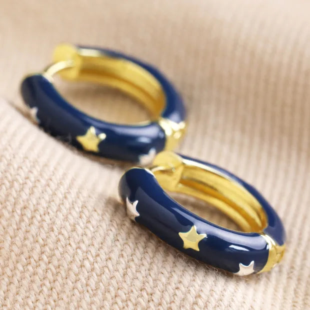 Navy Star Enamel Hoop Earrings - 64274 - Uneeka