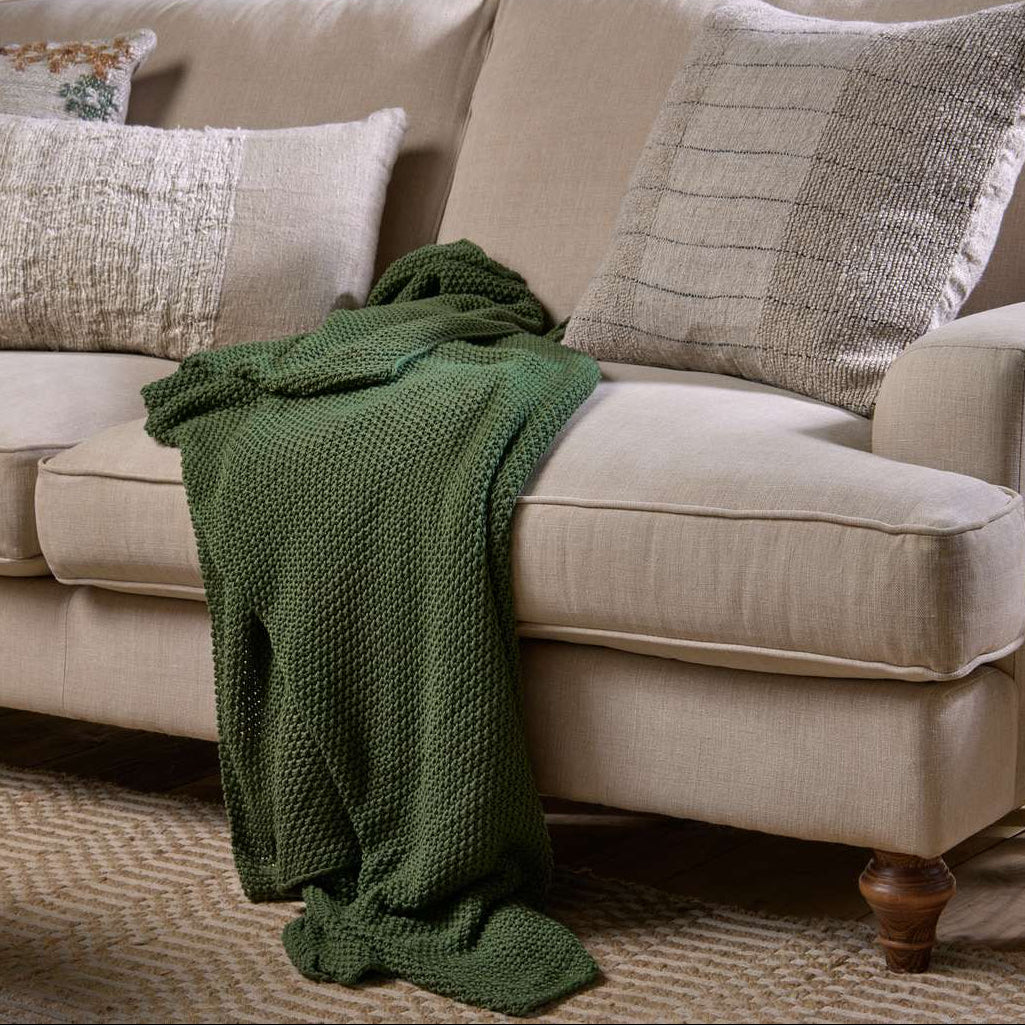 Nkuku Large Nahan Moss Stitch Cotton Throw - Forest Green - Uneeka