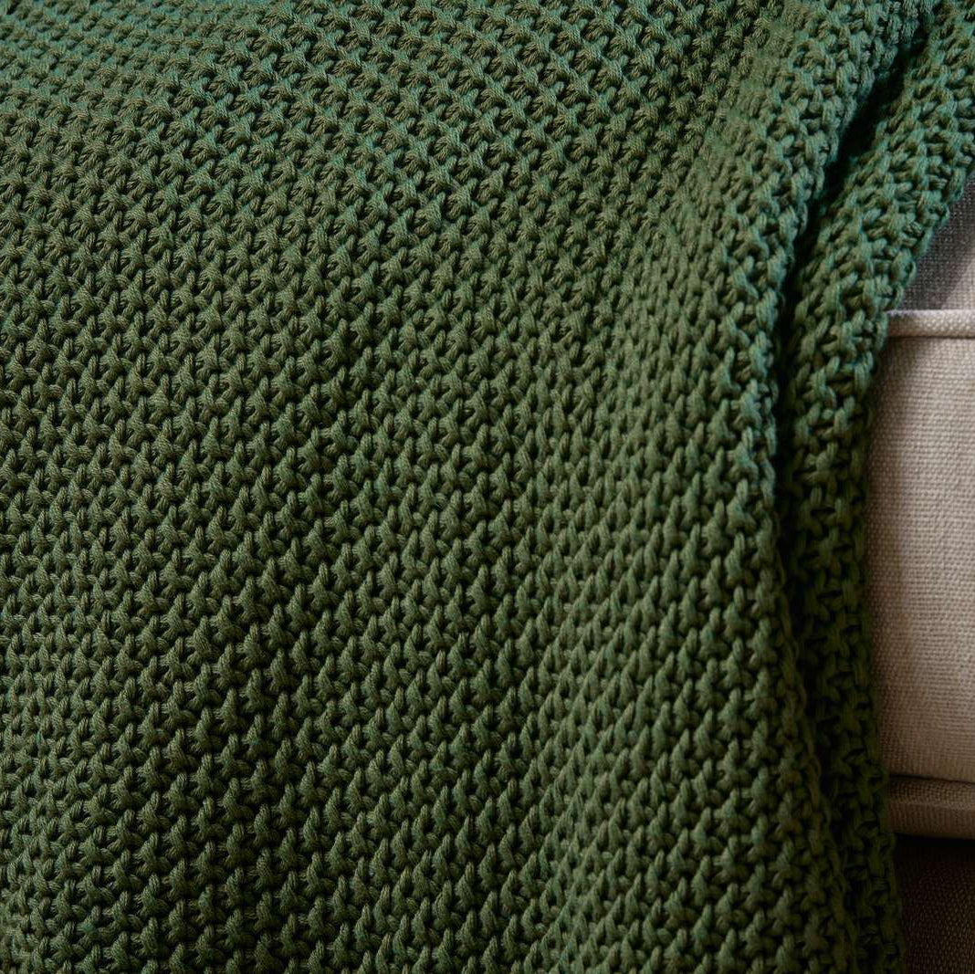 Nkuku Large Nahan Moss Stitch Cotton Throw - Forest Green - Uneeka