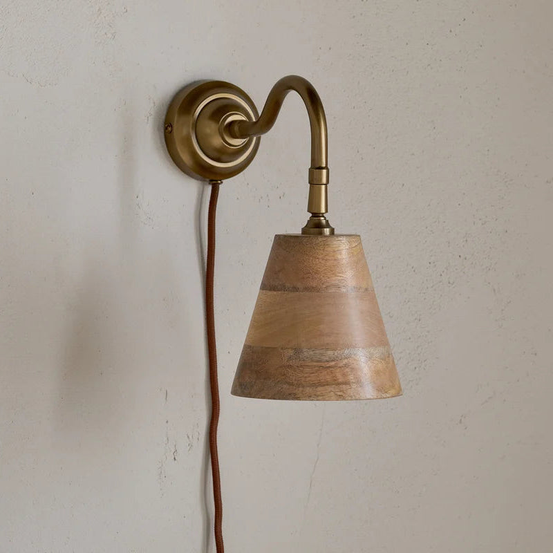 Nkuku Vattu Mango Wood Natural & Antique Brass Wall Lamp - Uneeka
